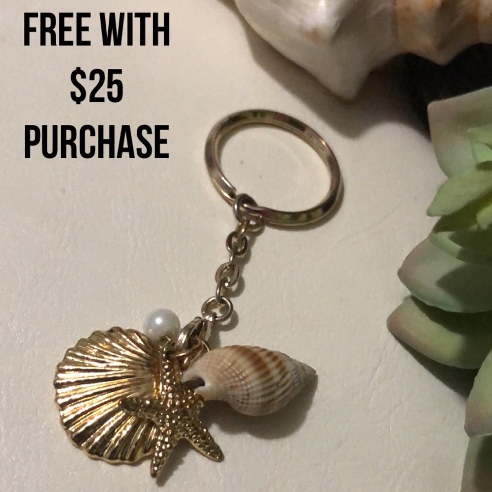 Free With $25 Purchase-Key Chain-Gold Toned Metal-Beachy Themed Charms